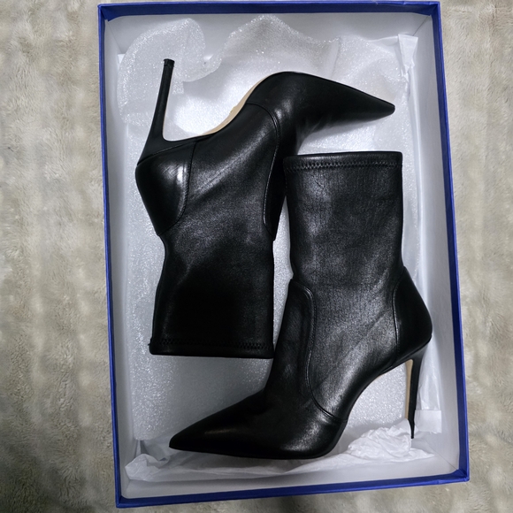 Stuart Weitzman Black Pointed Toe Leather Stiletto Sock Boots - Picture 10 of 10